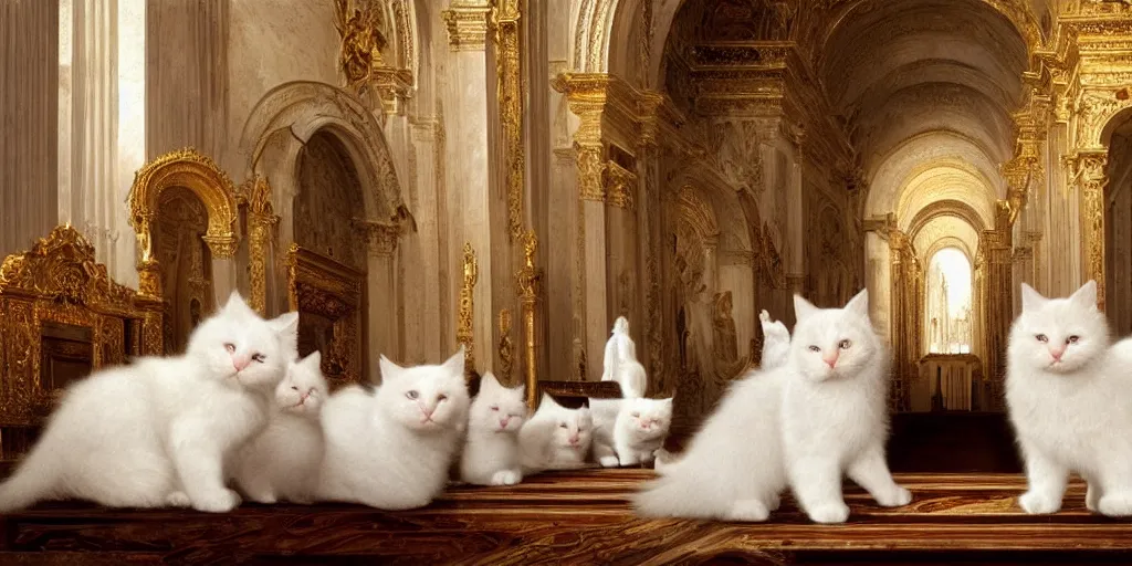 Prompt: beautiful oil matte painting, white fluffy cats holding a church ceremony inside a baroque cathedral, wonderful masterpiece highly detailed, beautiful cinematic light deep focus, elegant, digital painting, smooth, sharp focus, golden ratio, dramatic illumination, ultra realistic, 8 k, art by giovanni bellini and caravaggio