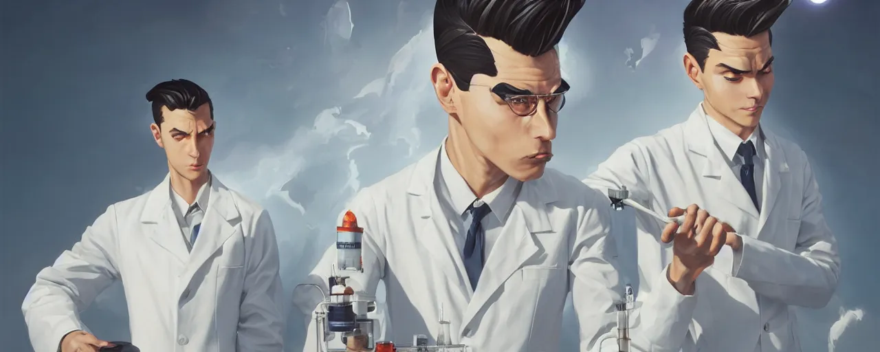 Prompt: stoic heroic emotionless butch young man scientist with short slicked - back hair, making an experiment - wearing white suit, wearing jetpack, digital art, rough paper, behance hd by jesper ejsing, by rhads, makoto shinkai and lois van baarle, ilya kuvshinov, rossdraws global illumination.