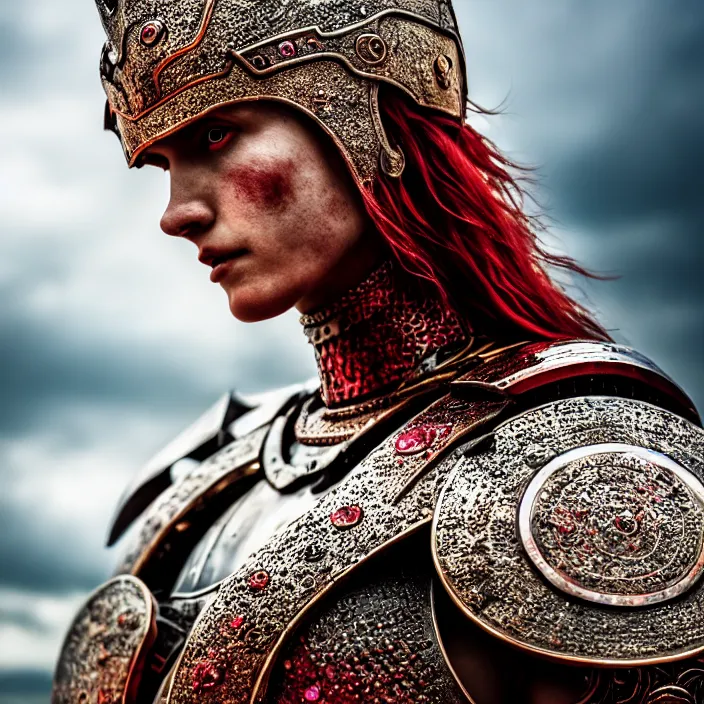 Image similar to photo of a beautiful strong warrior queen wearing ruby encrusted armour, highly detailed, 4 k, hdr, smooth, sharp focus, high resolution, award - winning photo