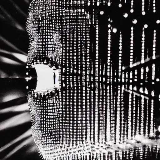 Image similar to a disco skull full of long spikes, reflecting light in a nightclub, grainy film photograph