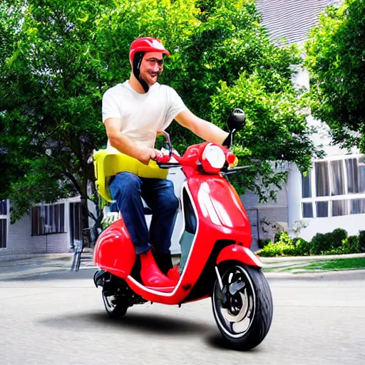 Prompt: delivery driver on moped delivering packages, bright color, bubbly, digital cartoon syle image, no blur, white background