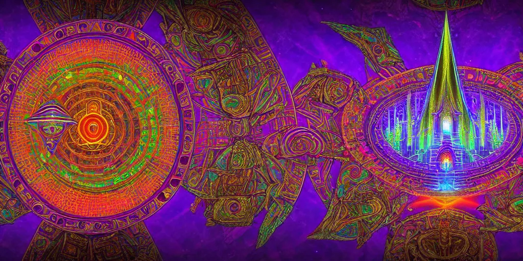 Prompt: dmt temple, sacred geometric buildings housing dmt time elves, psychedelic architecture, soul frequency, 8 k resolution, highly detailed,