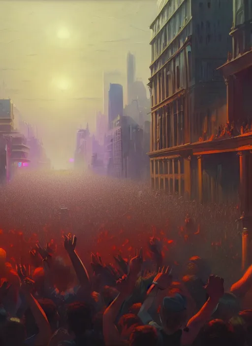 Image similar to painting of a crowd with raised arms pointing toward, demonstration in city, cinematic view, epic sky, detailed, concept art, low angle, high detail, warm lighting, volumetric, godrays, vivid, beautiful, trending on artstation, by jordan grimmer, huge scene, art greg rutkowski