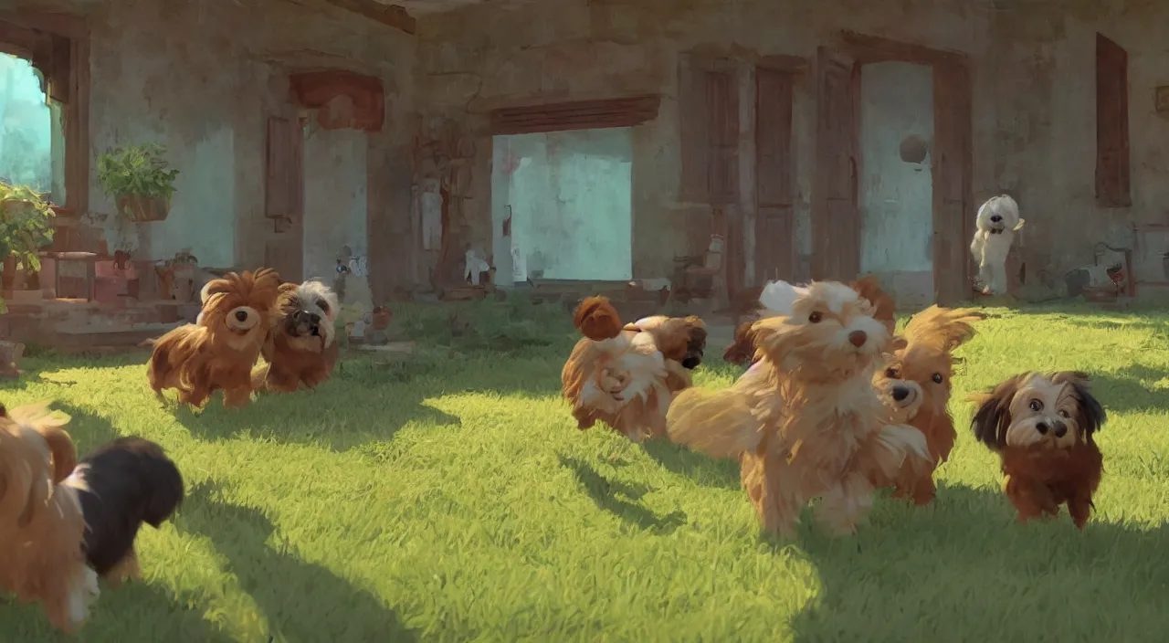 Image similar to havanese dogs playing in a cuba hacienda, 1 9 0 0, genndy tartakovsky, atey ghailan, goro fujita, studio ghibli, rim light, morning lighting, clear focus, very coherent