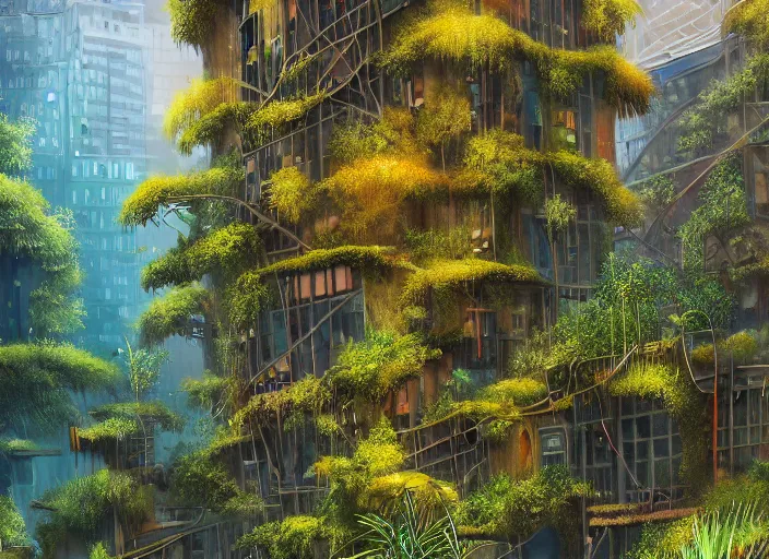 Image similar to overgrown foliage overtaking tall buildings, underwater environment, storefronts, sand, scenery, professional, award - winning, trending on artstation, hyper detailed, realistic, beautiful, emotional, shiny, golden, picture