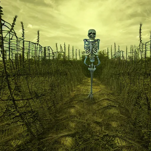 Image similar to a skeleton lies in a field as the weeds and kudzu grow through it by hr giger, symmetrical, detailed, intricate, photorealistic, light raytracing, depth, realistic textures, cinematic lighting