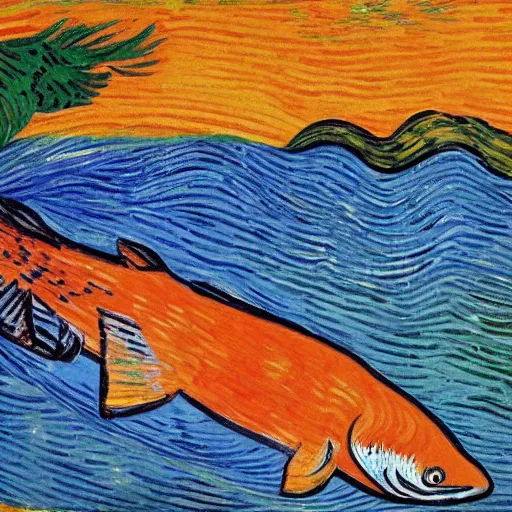 Image similar to salmon jumping out of the river on a sunny day. by van gogh.