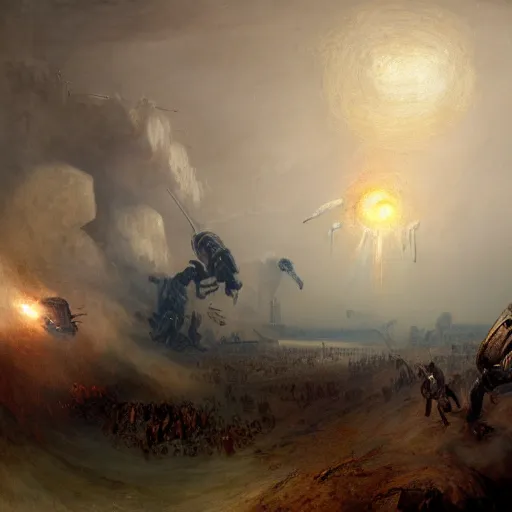 Image similar to highly detailed painting of alien androids attacking washington dc and american army, by william turner, by greg rutkowski, by william constable, thick brush strokes and visible paint layers, 4 k resolution