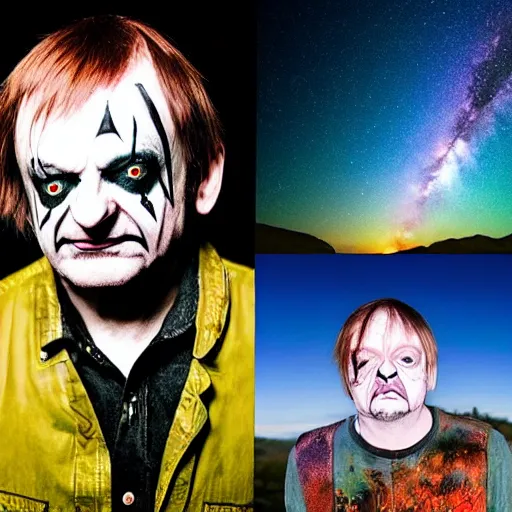 Image similar to mark e smith in juggalo makeup, gorgeous landscape background with the milky way in the sky