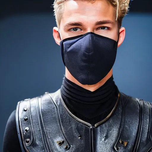 Prompt: medium face shot of adult Austin Butler with exposed head ((((mask)))), dressed in black-prussian blue futuristic-tudoresque clothing with embroidered-Ram-emblem, and nanocarbon-vest, in an arena in Dune 2021, XF IQ4, f/1.4, ISO 200, 1/160s, 8K