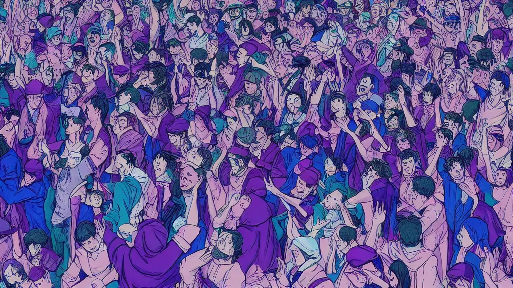 Image similar to a detailed small group of people seen from the front dancing together at a concert,, dark blue and intense purple color palette, in the style of kentaro miura