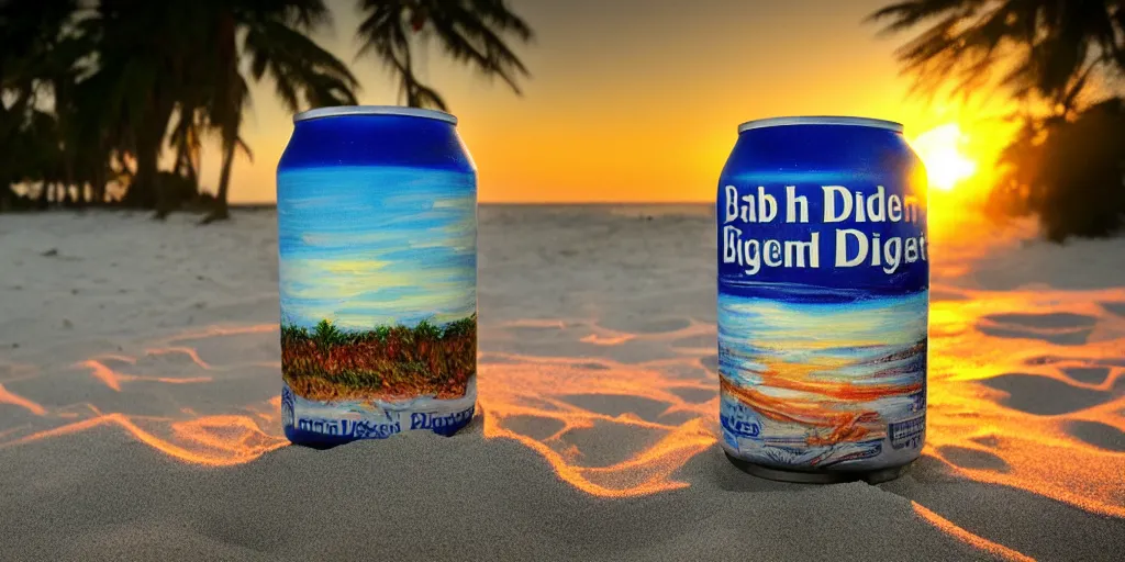 Image similar to can of bud light in the sand on the beach, sunset, landscape, high quality, radiant light, painting, in the style of Bob Ross