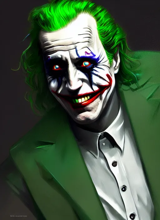 Image similar to portrait of joe biden as the joker, green hair, intricate, elegant, glowing lights, highly detailed, digital painting, artstation, concept art, sharp focus, illustration, art by wlop, mars ravelo and greg rutkowski