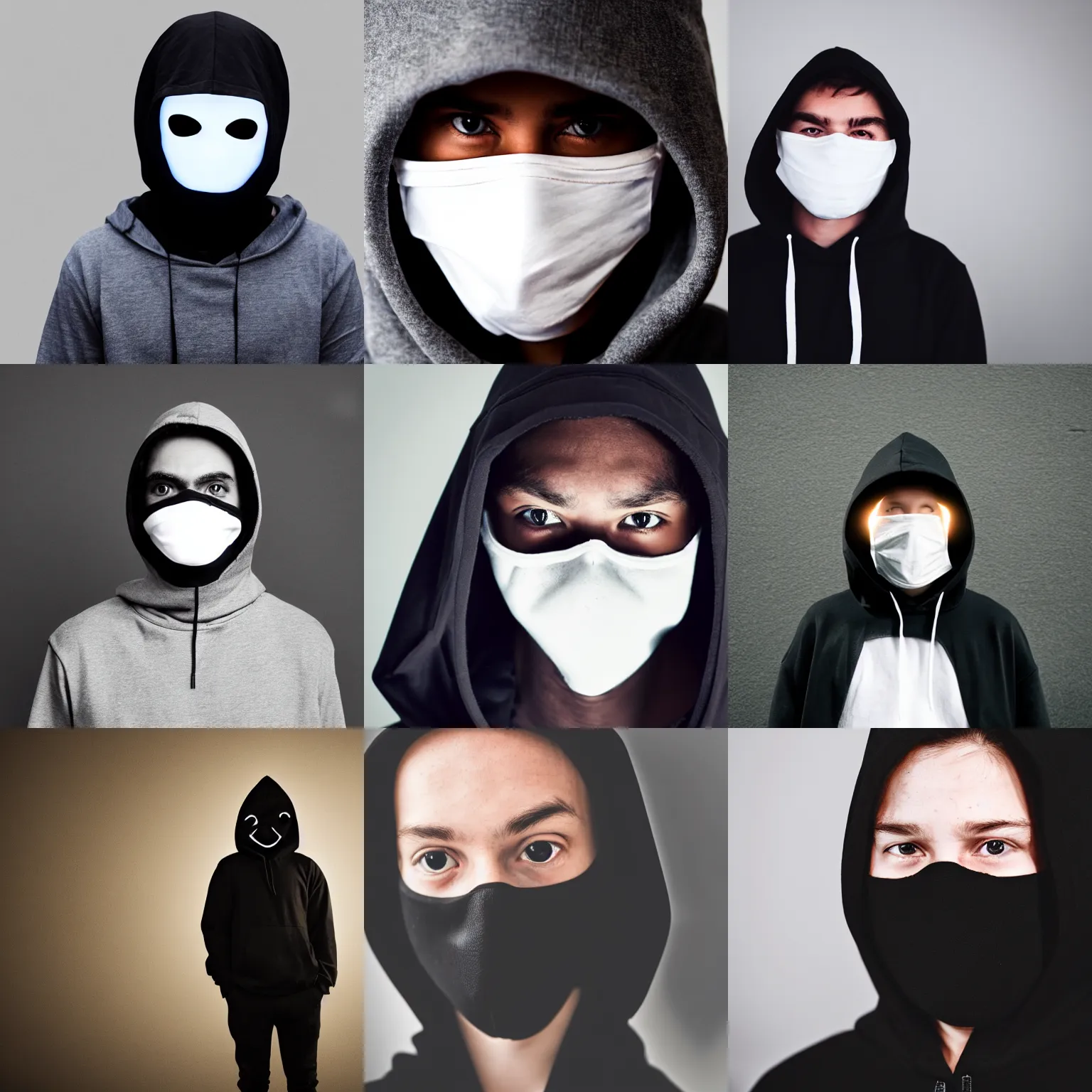 Prompt: Photo of a person wearing black hoodie with a hood on and completly black mask with just glowing white eyes, on a black background