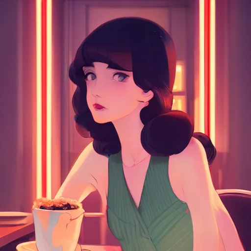 Image similar to portrait of beautiful girl with dark hair dressed in 1920's style, sitting in cafe alone, nighttime, low-key neon lighting, 4k, HQ, official media, anime key visual, makoto shinkai, ilya kuvshinov, lois van baarle, rossdraws, detailed, trending on artstation