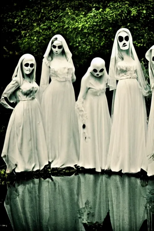 Image similar to 4 ghostly brides standing in a pond, cinematic, horror, photorealistic, vintage, unsettling