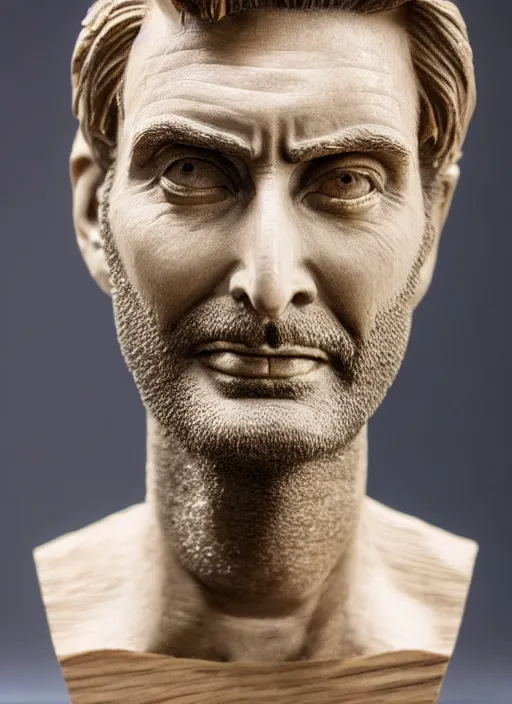 Prompt: high intricate bust of david tennant 1 9 7 0 carved from wood in baroque style, studio light, maria panfilova, andrea savchenko, mike kime, ludovic plouffe, qi sheng luo, oliver cook, trending on artstation