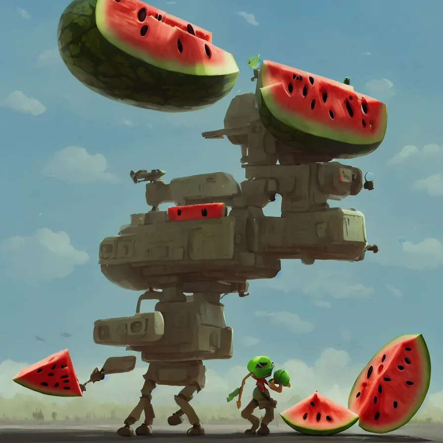 Image similar to Goro Fujita illustrating a watermelon military machine defending a city, art by Goro Fujita, sharp focus, highly detailed, ArtStation