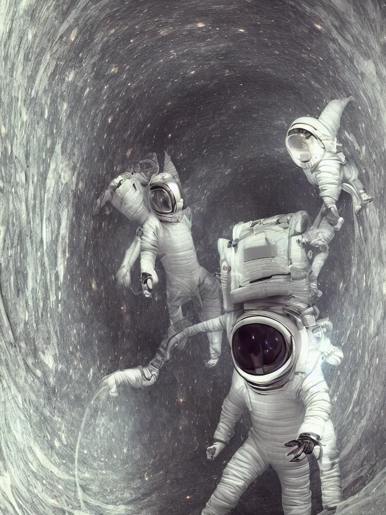 Image similar to Vacuuming through the tunnel in space suit. Hyperrealistic. High definition. Trending on artstation. Unsettling and macabre
