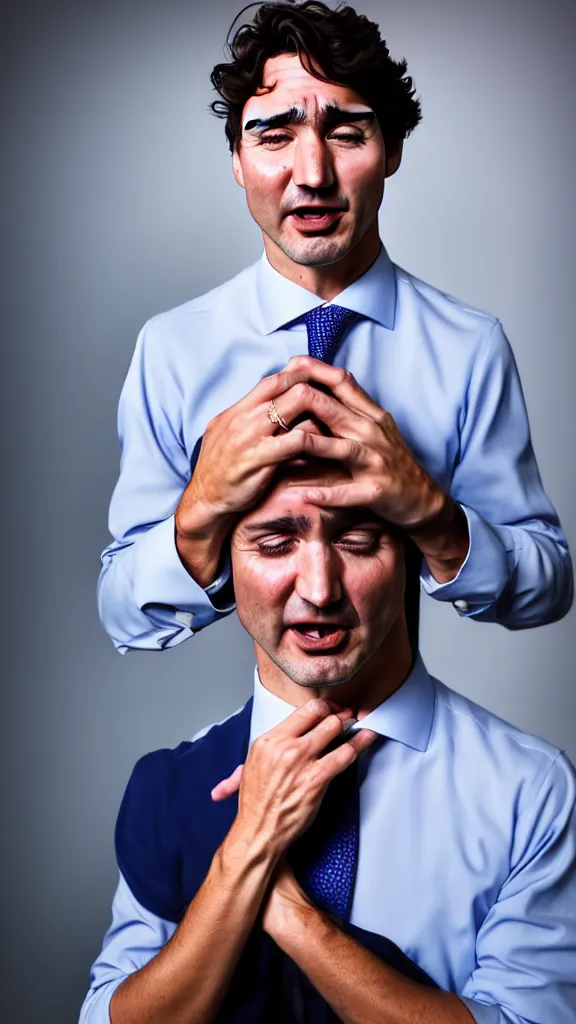 Image similar to Trudeau in a skirt crying , Studio lighting, shallow depth of field. Professional photography, lights, colors,4K