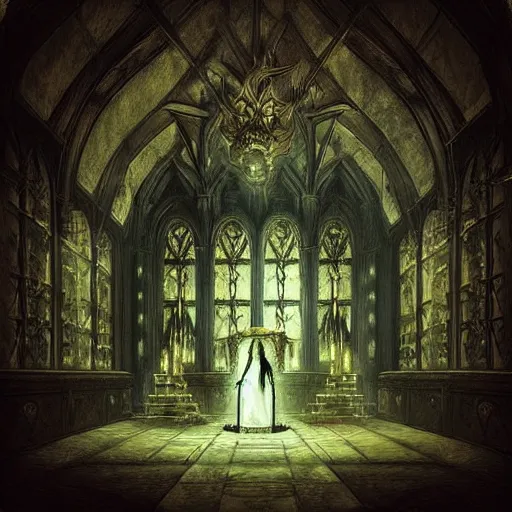 Prompt: “Portrait of the lich king in a gothic hall, high fantasy realistic painting, dramatic lighting”