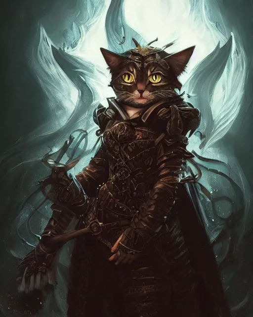 Image similar to Cat witch armor, portrait, casting epic spell, magic the gathering artwork, D&D, fantasy, cinematic lighting, centered, symmetrical, highly detailed, digital painting, artstation, concept art, smooth, sharp focus, illustration, volumetric lighting, epic Composition, 8k, art by Akihiko Yoshida and Greg Rutkowski and Craig Mullins, oil painting, cgsociety