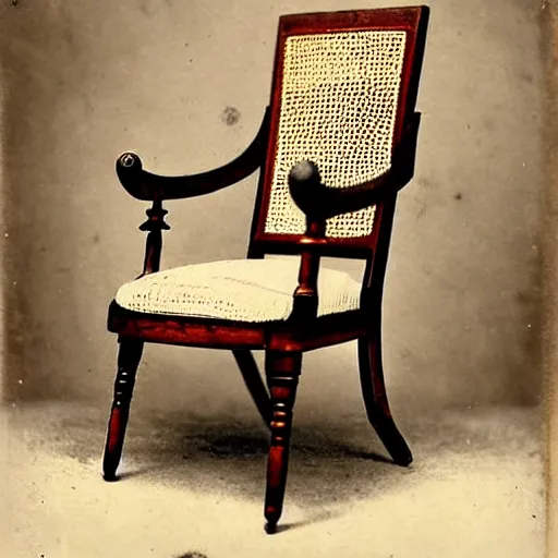 Prompt: An 1860s carte de visite photograph of an empty chair with a revolver sitting on it, beautiful handcrafted antique gun, wicker chair, high quality photograph, highly detailed, high definition, professionally photographed chair, revolver on chair, 8k restored and remastered