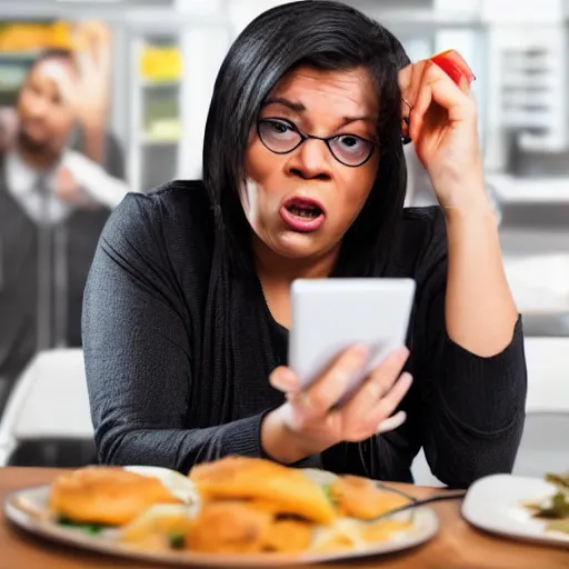 Image similar to angry woman who wants to see your manager because her food arrival time came one minute after her estimation, 4 k, 8 k