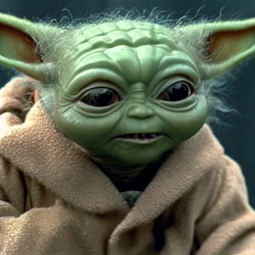 Prompt: a film still of baby yoda's son crying because of his dad's brutal death in star wars realistic, detailed