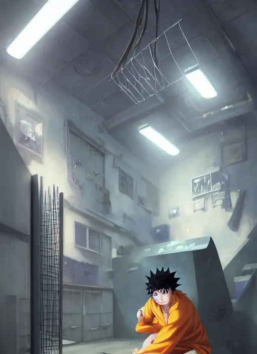 Prompt: highly detailed prison cell with naruto uzumaki with black hair, metal bars in window, powerfully hitting a wall, art by greg rutkowski, loish, rhads, ferdinand knab, makoto shinkai and lois van baarle, ilya kuvshinov, rossdraws, tom bagshaw, global illumination, radiant light, detailed and intricate environment