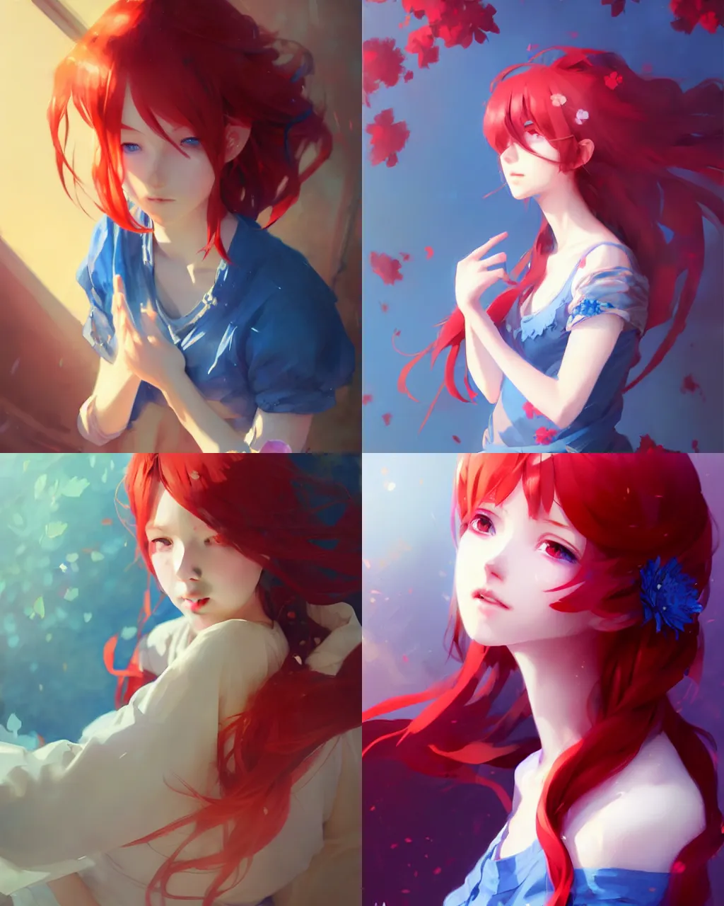 Prompt: girl with red hair and blue clothing, flower decoration on the background, a beautiful half body illustration, top lighting, perfect shadow, soft painting, art by hidari and krenz cushart and wenjun lin