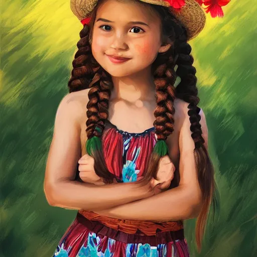 Prompt: portrait of a cute five - year - old girl with honey brown eyes and hair in a braid, wearing a hawaiian dress, dancing on a tropical beach, portrait, wide shot, midday light, bright colors, victorian era by wangjie li, artstation, trending on artstation, detailed, photorealism, 4 k