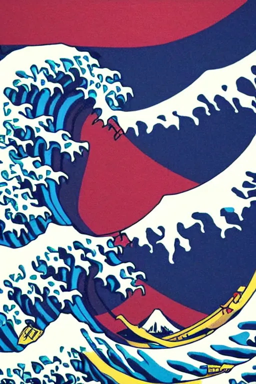 Image similar to Shepard Fairey The Great Wave off Kanagawa, sun in the background