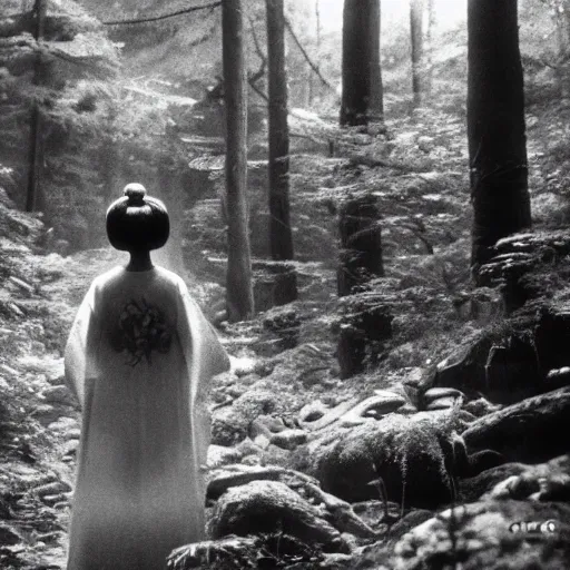 Image similar to a film still of an unsettling but beautiful female yokai haunting the depths of a Japanese forest, cinematography by sven nykvist