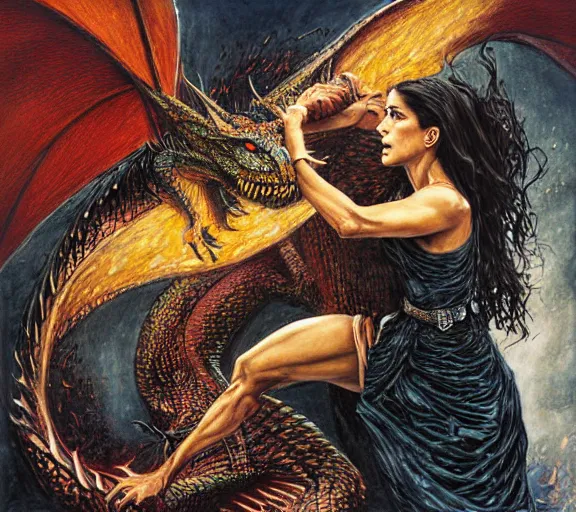 Prompt: intricate painting of salma hayek fighting a dragon by dariusz zawadski and alan lee, contemporary, creepy, acrylic