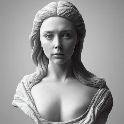 Prompt: a marble bust of actress Elizabeth Olsen, made of Carrara marble, detailed, intricate, CGI, cgsociety, trending on artstation, photograph, single subject, by Gian Lorenzo Bernini