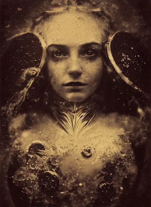 Image similar to old wetplate daguerreotype portrait of the birth of a female super hero, explosion of data fragments, fractal, intricate, elegant, highly detailed, parallax, leica, medium format, subsurface scattering, by jheronimus bosch and greg rutkowski and louis jacques mande daguerre