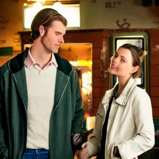 Image similar to a tall guy with dark blond hair bun dating a blond girl in an old restaurant, Gilmore girls aesthetic, realistic, beautiful lighting