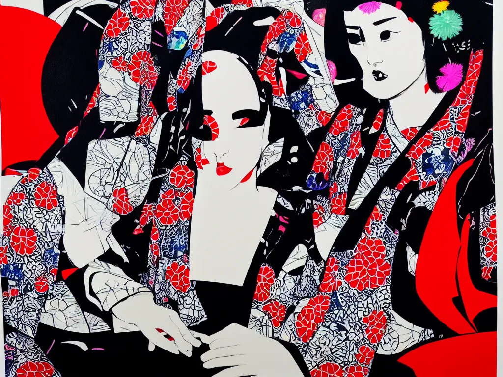 Image similar to hyperrealism composition of the detailed woman in a japanese kimono sitting at an extremely detailed poker table with darth vader, fireworks on the background, pop - art style, jacky tsai style, andy warhol style, acrylic on canvas