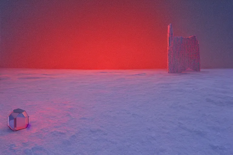 Prompt: a red tesseract buried in snow, surreal frozen landscape, 8 k, cinematic lighting, by beeple and zdzisław beksinski