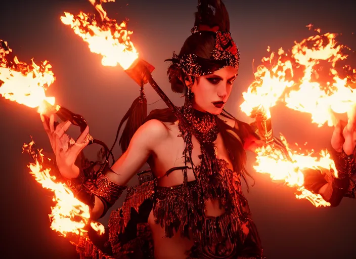 Prompt: a graceful fire dancer holding blow torches, fantasy, wearing an elegant tribal outfit, ultra realistic, 4 k, movie still, uhd, sharp, detailed, cinematic, render, modern