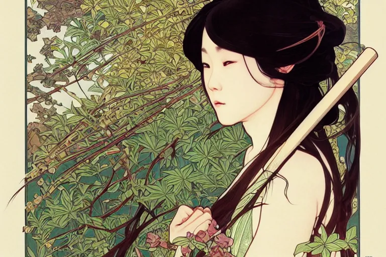 Image similar to beautiful cinematic fantasy poster, asian woman with 2 left arms side view using a bokken in forest ; intricate complexity, by shigenori soejima, krenz cushart, alphonse mucha, takato yamamoto, conrad roset, 4 k, beautiful, high quality - h 9 6 0