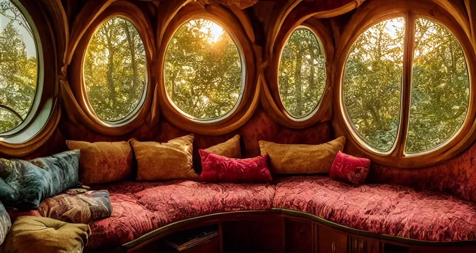 Image similar to an incredibly beautiful scene from a 2 0 2 2 marvel film featuring a cozy art nouveau reading nook in a fantasy treehouse interior. a couch with embroidered pillows. golden hour. 8 k uhd.