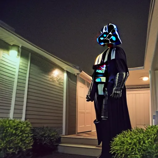 Prompt: darth vader is walking up the front walk of a chicago bungalow at night, menacing.