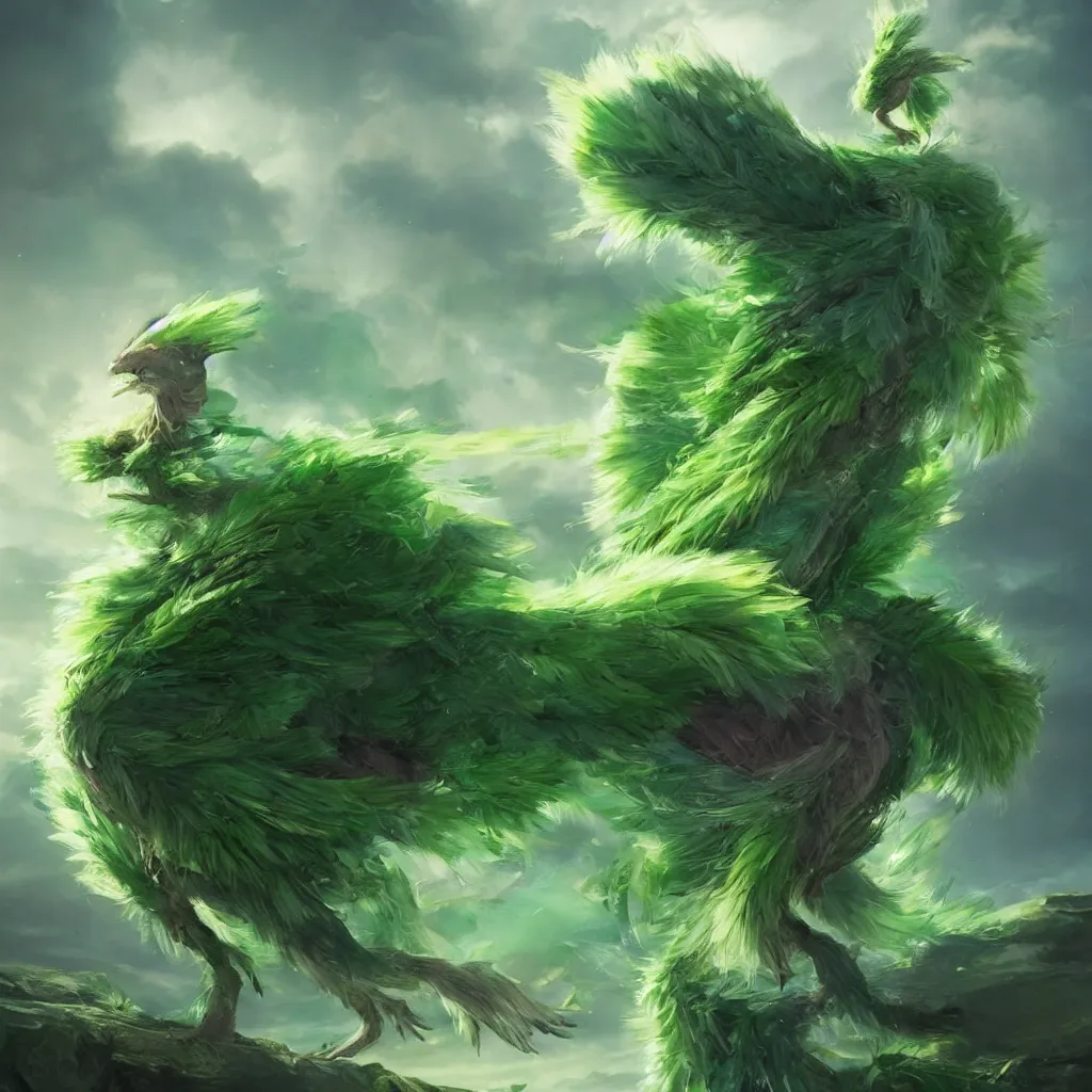 Image similar to a cute beautiful earth type pokemon, green feathers bursting out of his hair, full body shot, highly detailed digital art, 3 d perspective, award - winning illustration, aesthetic, smooth, pokemon style, made by greg rutkowski, with an alien landscape in the background