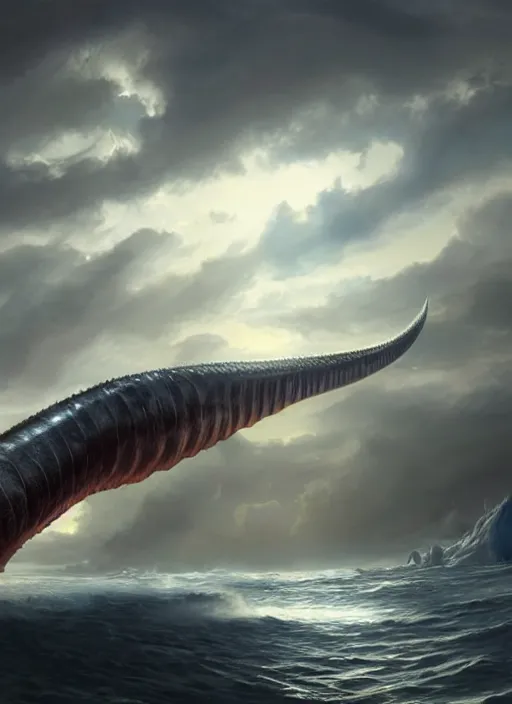 Prompt: massive leviathan eel flying through the clouds, volumetric light rays painted by raymond swanland