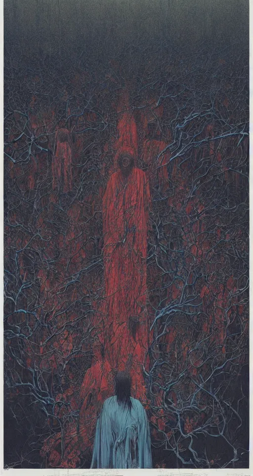 Prompt: worshippers in robes belonging to the cult of the dark forest standing in the darkness, high detailed beksinski painting, part by adrian ghenie and gerhard richter. art by takato yamamoto. masterpiece, deep colours, blue