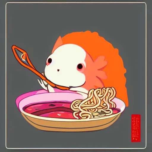 Image similar to cute cartoon axolotl eating ramen, colorful, artstation hd