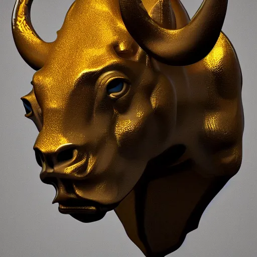 Image similar to 3 d render melted bull head, sculpture, chrometype, liquid metal, neotribal, raytraced, volumetric lightning, 8 k by wlop, innate studio h - 1 0 0 0 w - 1 0 0 0