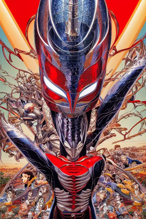 Image similar to posterof ultraman, symmetrical, by yoichi hatakenaka, masamune shirow, josan gonzales and dan mumford, deayami kojima, takato yamamoto, barclay shaw, karol bak, yukito kishiro